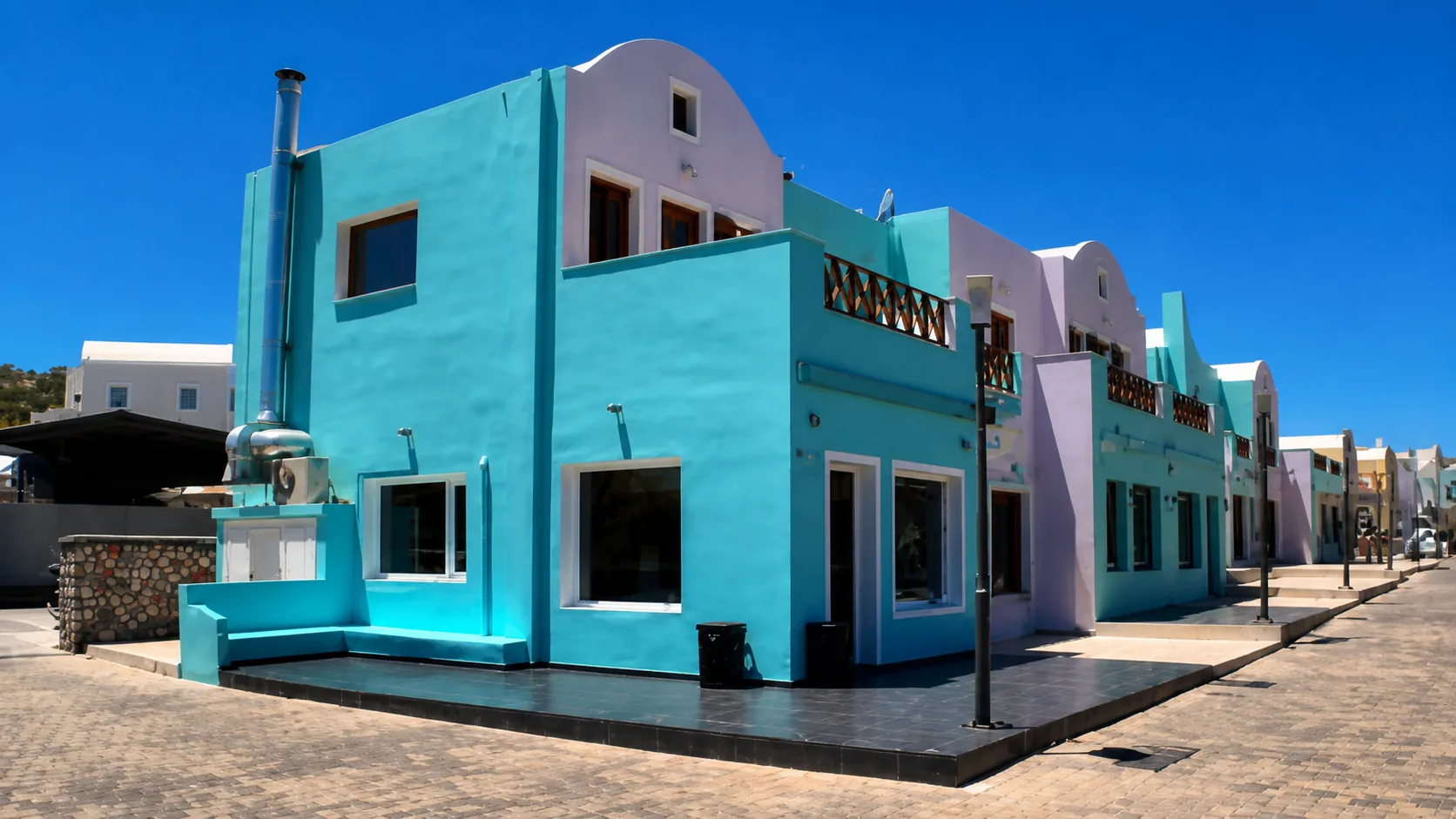 Golden Grill House building on the road south of Fira
